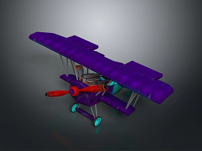 Purple Space Aviation Biplane Model With Red Propeller And Green Wheels 3d model