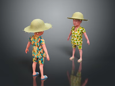 Elderly People In Straw Hats And Floral Shirts Standing On Black Ground With Reflections 3d model