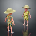 Elderly People In Straw Hats And Floral Shirts Standing On Black Ground With Reflections