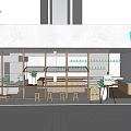 Blue Café Exterior View With Glass Windows Tables Chairs And Potted Plants On Paved Ground