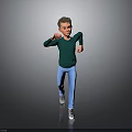 Child Wearing Green Sweater Blue Jeans And White Sneakers Dancing On Gray Gradient Background