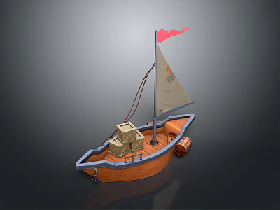 Small Wooden Sailboat With Orange Hull White Sail Red Flag Boxes And Barrel 3d model