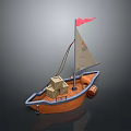 Small Wooden Sailboat With Orange Hull White Sail Red Flag Boxes And Barrel