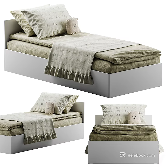 Modern Kids Bed With White Frame Green Bedding And Teddy Bear Toy 3d model 