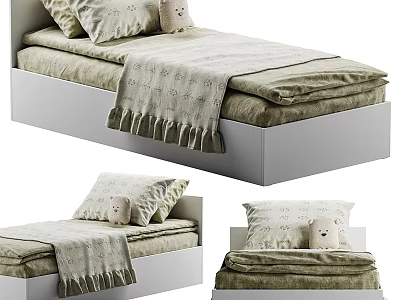 Modern Kids Bed With White Frame Green Bedding And Teddy Bear Toy 3d model