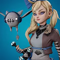 Anime Character With Cute Creature Staff And Brown Blue Outfit Dual Views
