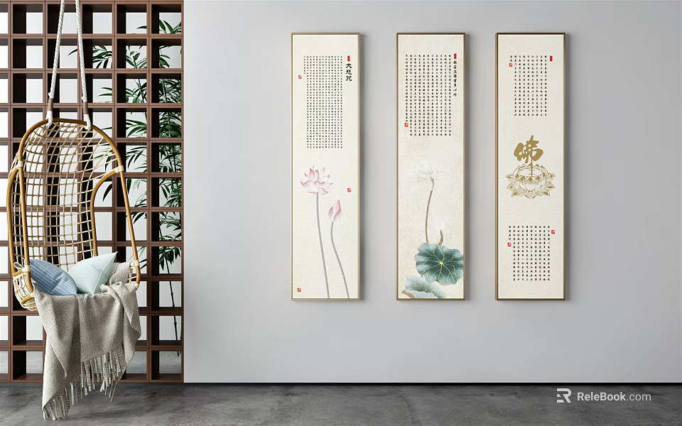 Traditional Chinese Three Panel Scroll Paintings With Lotus Calligraphy For Interior Wall Decor 3d model