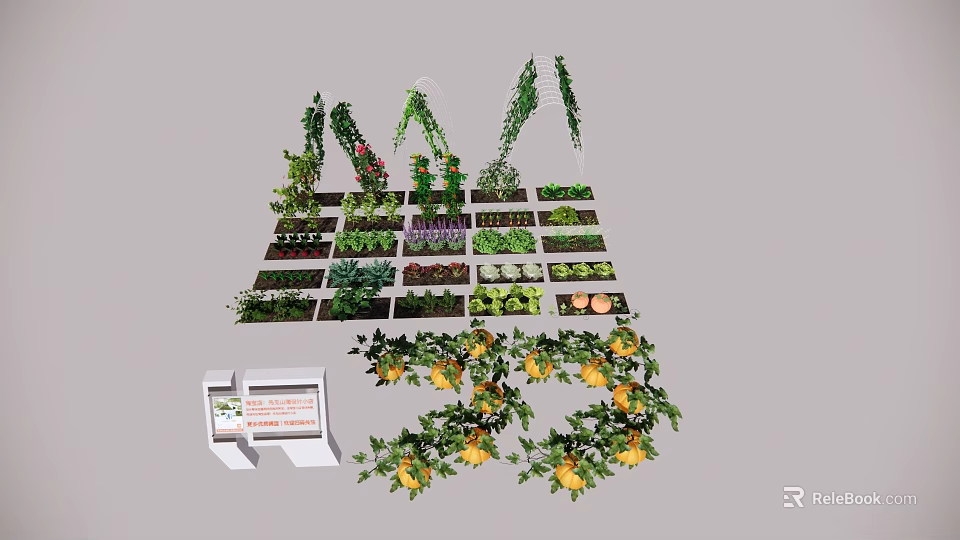 Diverse Agricultural Crops Plantation With Organized Beds Various Vegetables Vertical Vines And Display Stand 3d model 