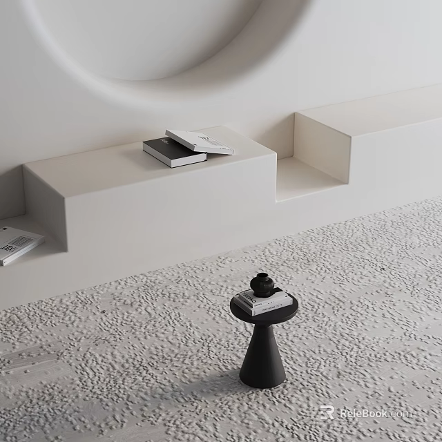Black Side Table With Items On Top Near White Stepped Structure And Textured Light Floor 3d model 