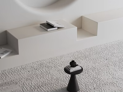 Black Side Table With Items On Top Near White Stepped Structure And Textured Light Floor 3d model
