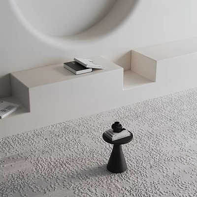 Black Side Table With Items On Top Near White Stepped Structure And Textured Light Floor 3d model