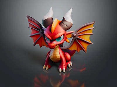 Game Movie Character Cute Red Dragon With Yellow Underbelly Black White Horns And Orange Wings 3d model