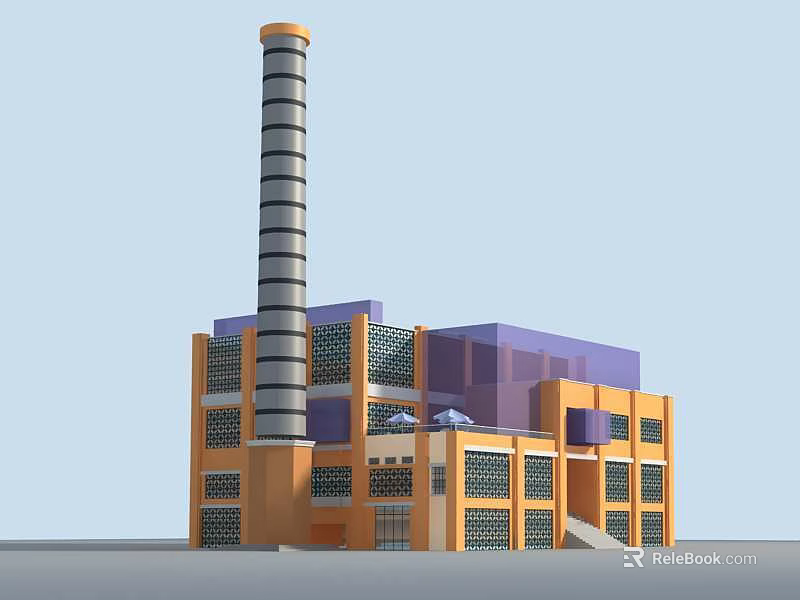 Modern Industrial Factory Building With Tall Chimney Orange Purple Exterior And Grid Windows Design 3d model 