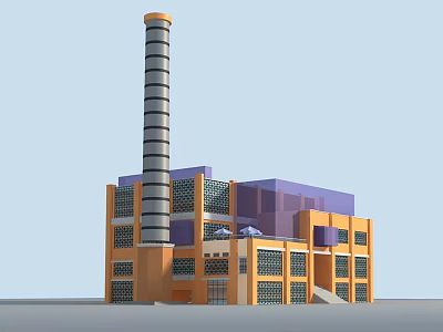 Modern Industrial Factory Building With Tall Chimney Orange Purple Exterior And Grid Windows Design 3d model