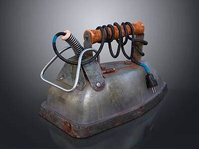 Vintage Electric Iron With Wooden Handle And Coiled Power Cord 3d model