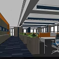 Modern Public Office Space With Green Plants Open Layout Blue Orange Accents Office Desks Chairs