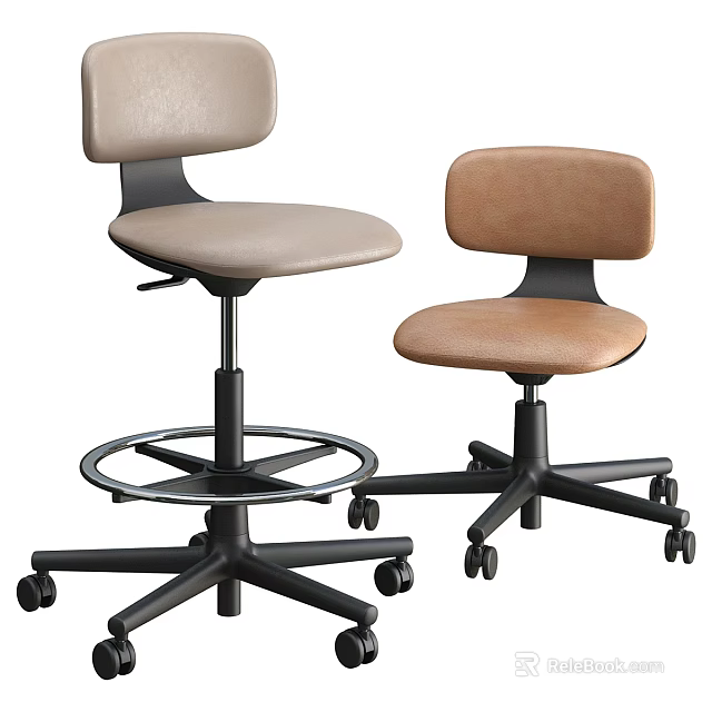 Beige and Brown Office Table Chair Set With Swivel Wheels and Round Base 3d model 