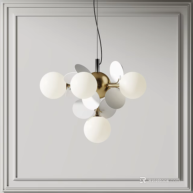Stylish Modern Chandelier With Golden Metal Structure White Globe Lamps And Minimalist Design 3d model 