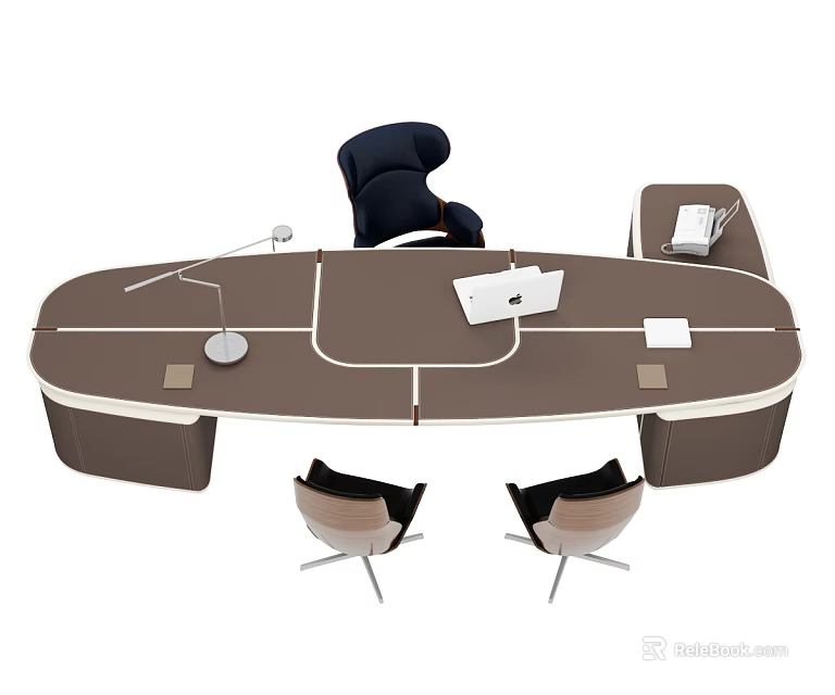Modern Brown Office Desk With Black Chair Laptop Lamp And Two Guest Chairs 3d model 