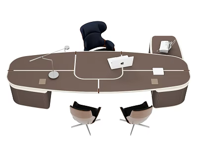 Modern Brown Office Desk With Black Chair Laptop Lamp And Two Guest Chairs 3d model