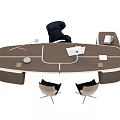 Modern Brown Office Desk With Black Chair Laptop Lamp And Two Guest Chairs