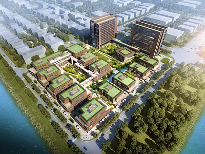 Aerial View Planning of Modern High Rise Buildings with Green Roofs Waterfront and Trees 3d model