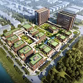 Aerial View Planning of Modern High Rise Buildings with Green Roofs Waterfront and Trees
