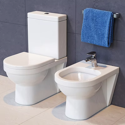 White Toilet And Bidet With Silver Faucet On Gray Tiled Wall With Blue Towel 3d model