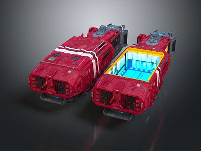 Futuristic Red Sci-Fi Transports With Blue Interior And White Accent Stripes 3d model