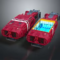 Futuristic Red Sci-Fi Transports With Blue Interior And White Accent Stripes