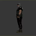 Bearded Game Movie Character In Blue Bandana Black Vest Arm Wristbands Dark Pants Worn Boots