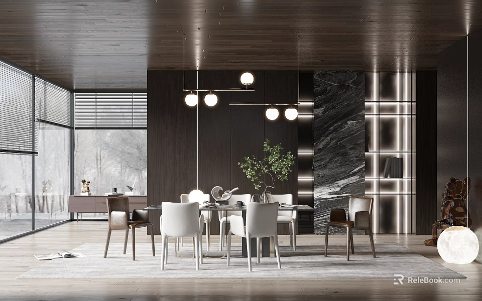 Modern Restaurant Interior With Wooden Ceiling Pendant Lights And Marble Wall 3d model 