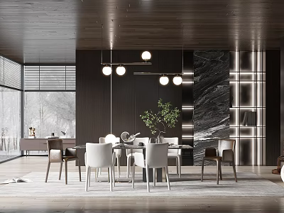 Modern Restaurant Interior With Wooden Ceiling Pendant Lights And Marble Wall 3d model