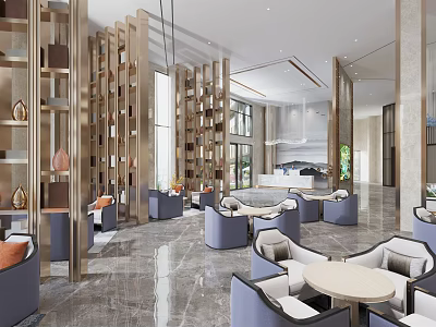 Modern Sales Office Lobby With Wooden Lattice Screens Marble Flooring And Comfortable Seating 3d model