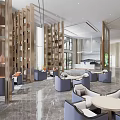 Modern Sales Office Lobby With Wooden Lattice Screens Marble Flooring And Comfortable Seating