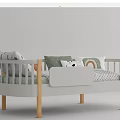 Kids Bed With Wooden Legs Safety Rail Colorful Pillows And Rainbow Polka Dot Sheets