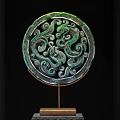 Circular Green Jade Decorative Ornament with Carved Dragon Pattern on Metal Stand and Base