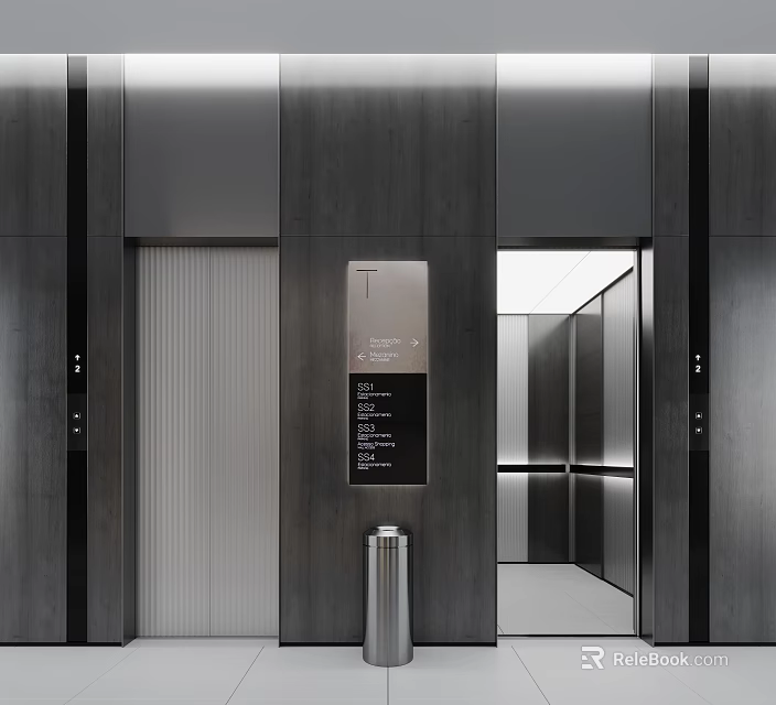 Modern Elevator Hallway With Dark Gray Walls Lighting Signage Glass Doors And Silver Trash Can 3d model 