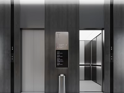 Modern Elevator Hallway With Dark Gray Walls Lighting Signage Glass Doors And Silver Trash Can 3d model