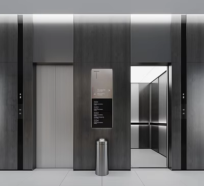 Modern Elevator Hallway With Dark Gray Walls Lighting Signage Glass Doors And Silver Trash Can 3d model