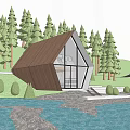 Modern Detached Villa with Triangular Roof Wooden Structure and Large Windows in Forest by River