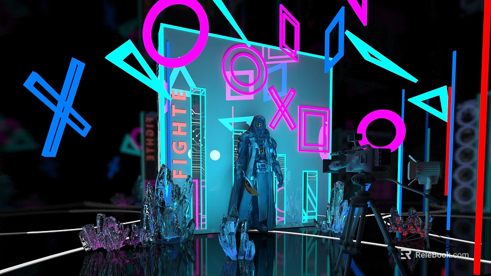 Futuristic Photo Check In Spot With Neon Lights Geometric Shapes Crystal Decorations And Human Silhouette 3d model 