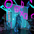 Futuristic Photo Check In Spot With Neon Lights Geometric Shapes Crystal Decorations And Human Silhouette