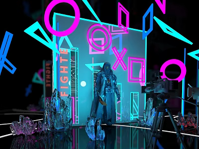 Futuristic Photo Check In Spot With Neon Lights Geometric Shapes Crystal Decorations And Human Silhouette 3d model
