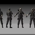Man In Black Tactical Gear With Rifle And Backpack Shown From Multiple Angles