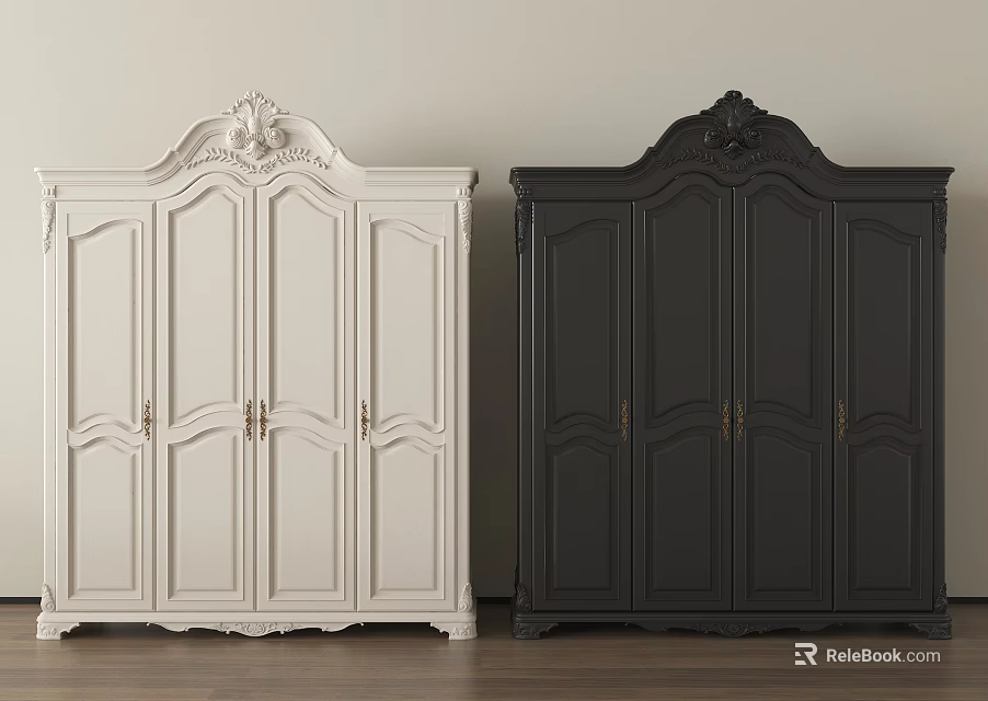 White and Black Classic Carved Four Door Ornate Wardrobe Interior With Wooden Floor 3d model 