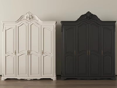 White and Black Classic Carved Four Door Ornate Wardrobe Interior With Wooden Floor 3d model
