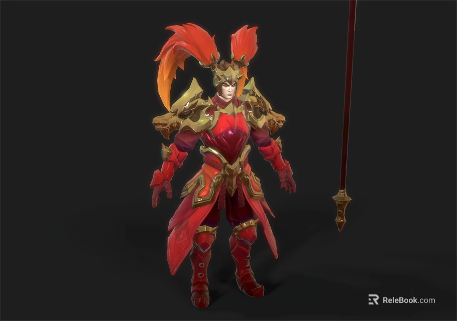 Game And Movie Character In Red Gold Armor With Feathered Helmet Holding Spear 3d model 
