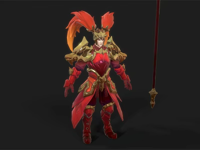 Game And Movie Character In Red Gold Armor With Feathered Helmet Holding Spear 3d model