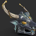 Ornate Bull Head Mask With Metallic Finish And Yellow Eyes Decorative Design
